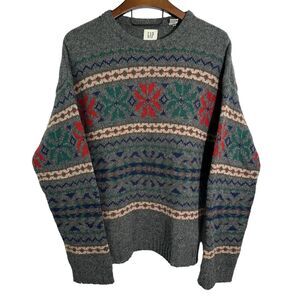 GAP Vintage Gray Nordic Ski Crew‎ Neck Sweater 100% Shetland Wool XL *FLAW*